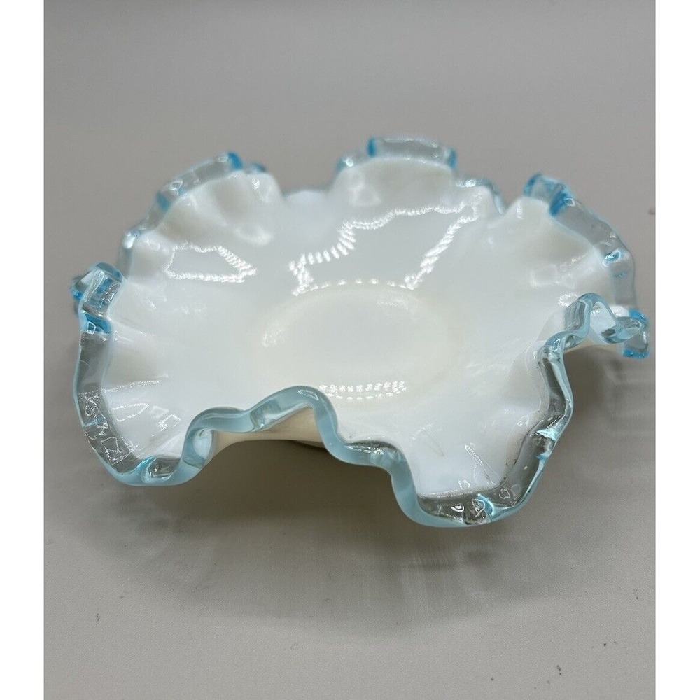 Vintage Fenton Aqua Crest Glass Bon Bon Candy Dish‎ with Ruffled Edge 6 inches